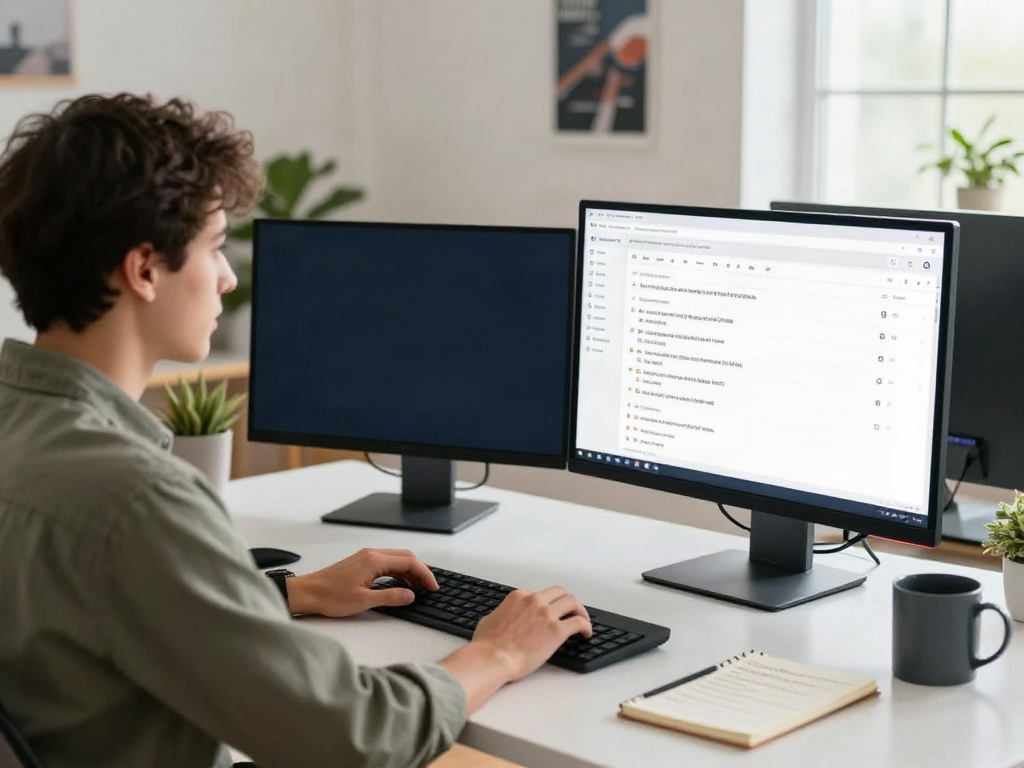 Focused user exploring a well-organized 링크사이트 directory on dual monitors in a bright home office.