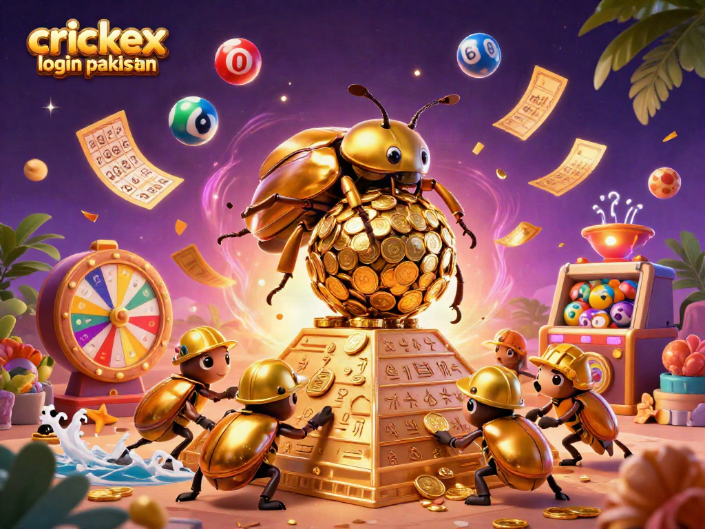 Engage in exciting gameplay with crickex login pakistan, as vibrant golden coins, lottery balls, and gaming symbols surround you