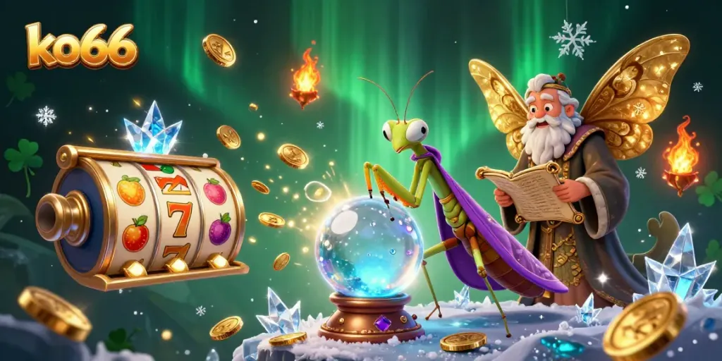 Experience thrilling gaming with ko66 at this vibrant casino scene featuring a fortune teller and slot elements.