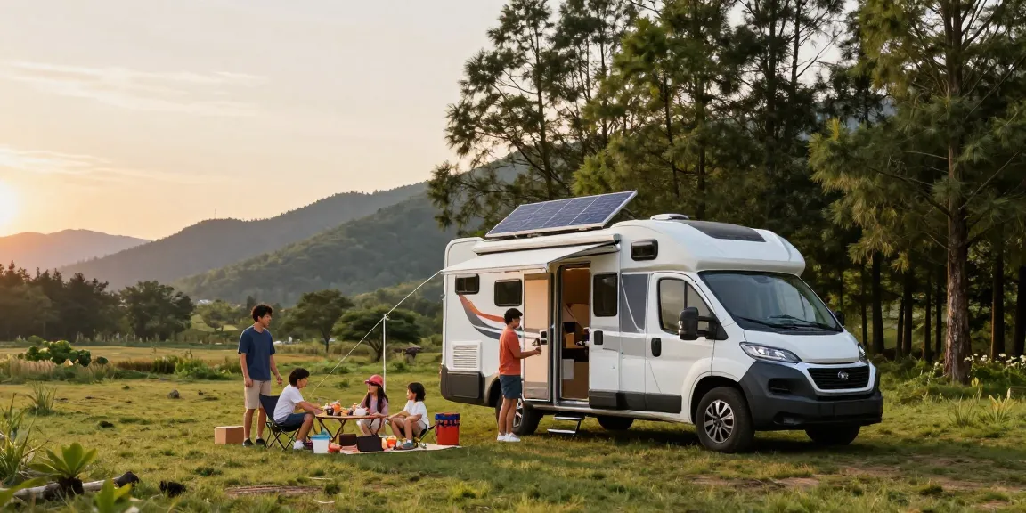 Family enjoying off-grid camping with lithium RV batteries in scenic outdoor setting.