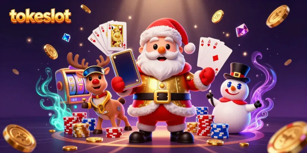 Gambarkan tokeslot dengan Santa Claus 3D dan teman-teman bermain slot jackpot.