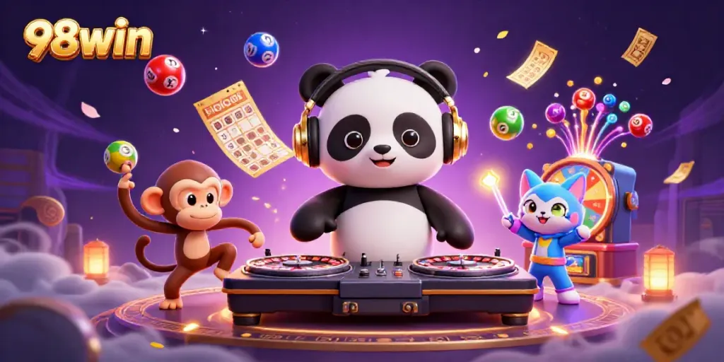Experience thrilling fun with 98win as a DJ panda spins, surrounded by exciting casino elements.