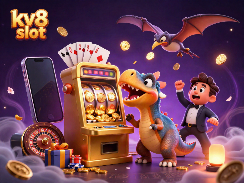 Enjoy thrilling kv8 slot action with a dinosaur winning jackpots and collecting coins!
