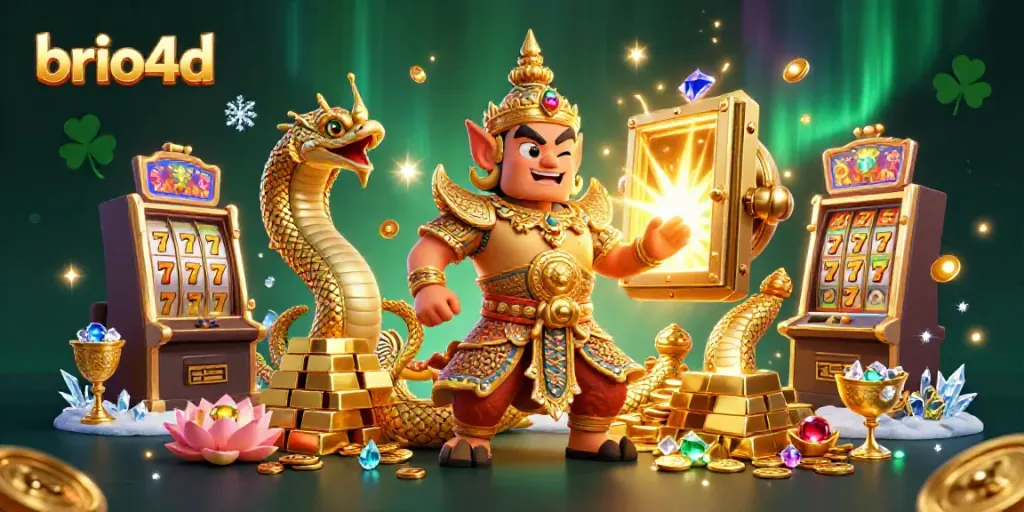 Engage with brio4d's thrilling slot experience, showcasing 3D temple guardian, gold treasures, and gaming excitement.