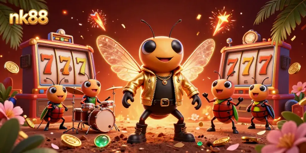 Experience the thrill of nk88 with a vibrant casino scene featuring a cicada rock star and dynamic game elements.