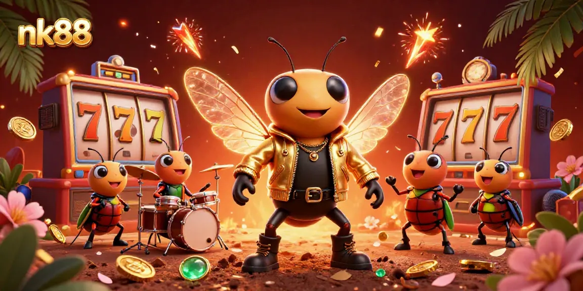 Experience the thrill of nk88 with a vibrant casino scene featuring a cicada rock star and dynamic game elements.