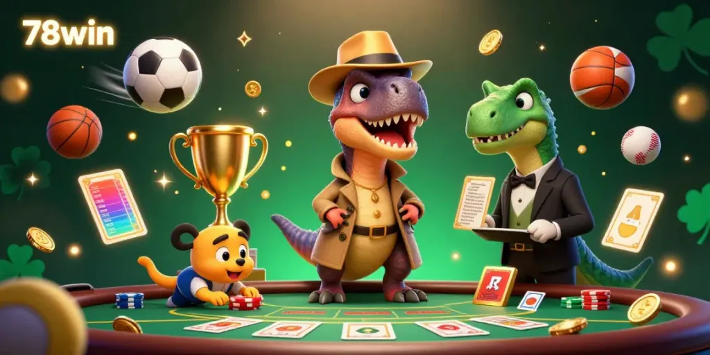 Engaging depiction of 78win's casino scene with a velociraptor at a blackjack table amid dynamic sports elements.