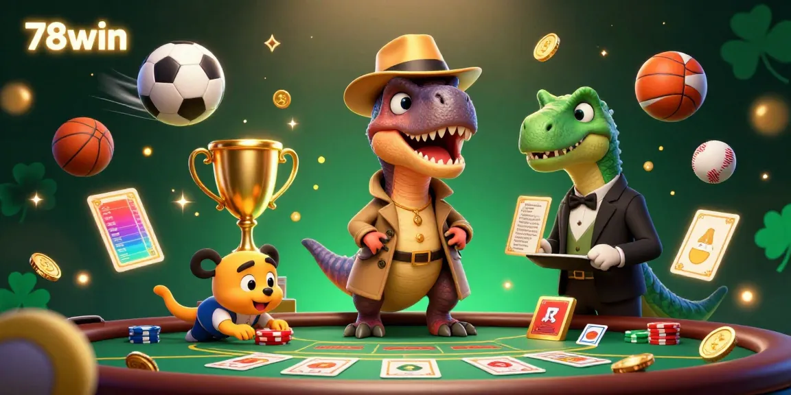 Engaging depiction of 78win's casino scene with a velociraptor at a blackjack table amid dynamic sports elements.