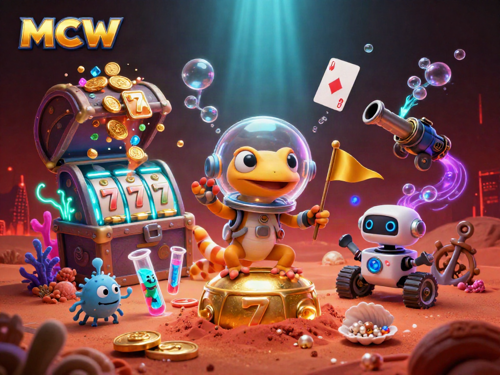 MCW casino scene showcasing a Martian gecko and a robot amidst vibrant casino elements, celebrating wins.