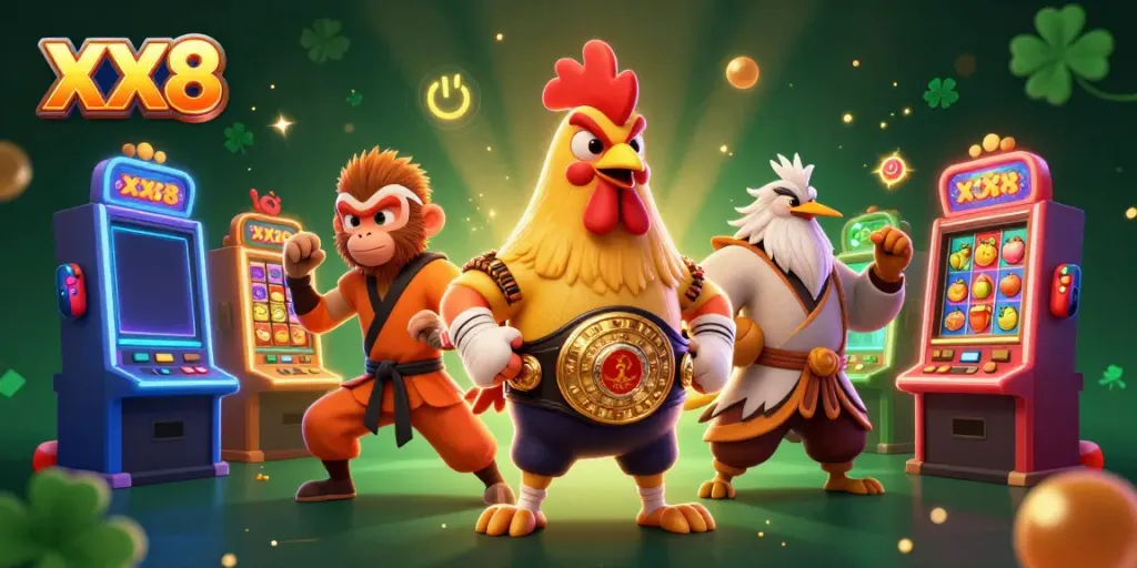 Engage with slots at XX8 featuring a dynamic scene of a Muay Thai rooster and Shaolin monkey in a casino.