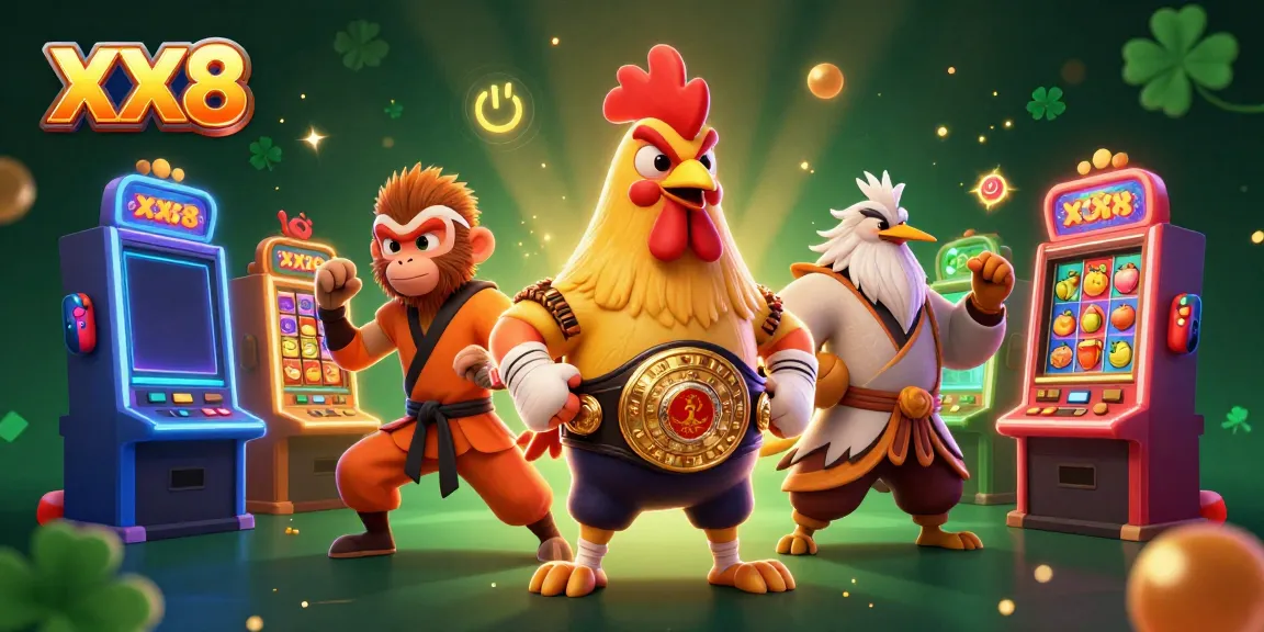 Engage with slots at XX8 featuring a dynamic scene of a Muay Thai rooster and Shaolin monkey in a casino.