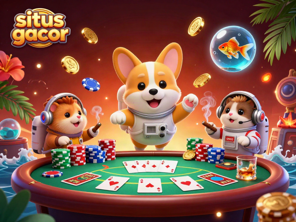Experience gaming at situs gacor while a cartoon astronaut corgi floats among poker chips in a vibrant casino scene.