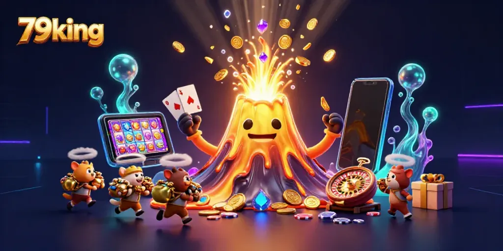 Experience thrilling treasures at 79king with a dynamic illustrated scene of a volcano erupting coins and gems.