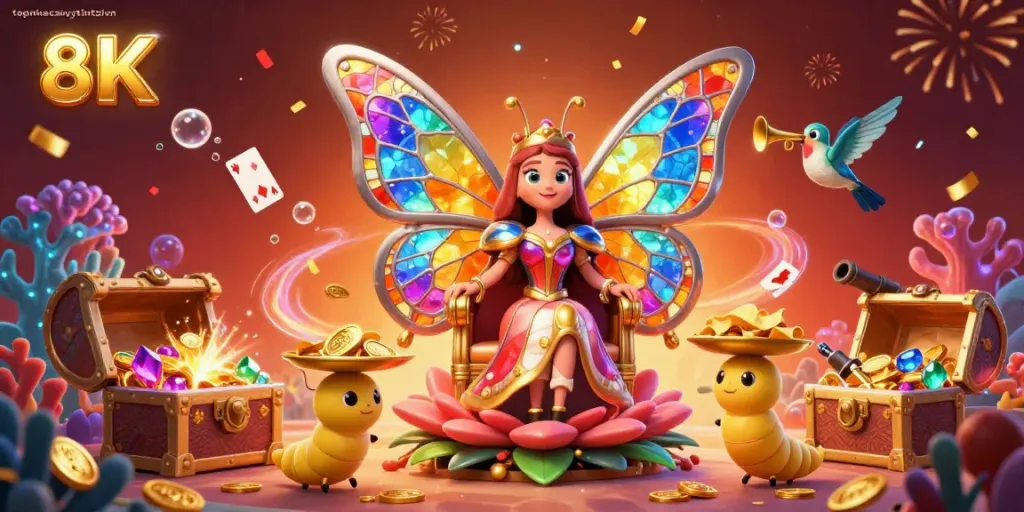 Experience vibrant gameplay with topnhacaiuytintaivn as a cartoon butterfly queen awaits at a lively treasure scene.