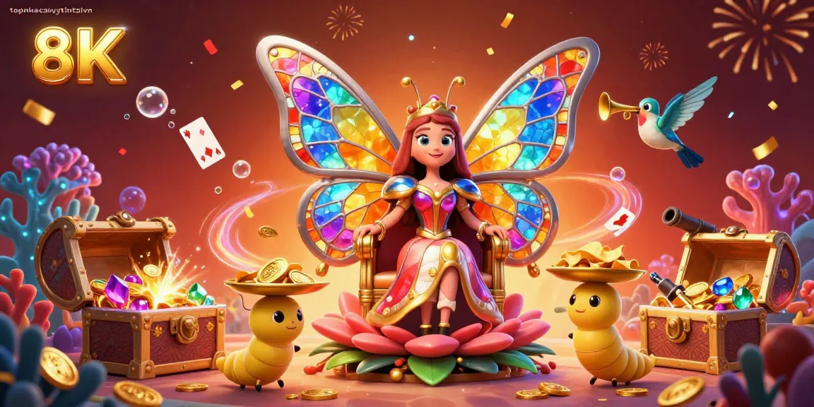 Experience vibrant gameplay with topnhacaiuytintaivn as a cartoon butterfly queen awaits at a lively treasure scene.
