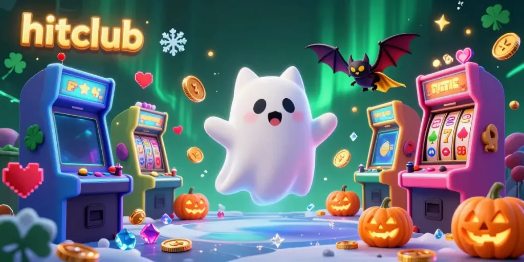Hitclub casino scene with a ghost cat, vampire bat, and glowing game elements in a vibrant atmosphere.