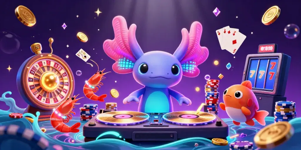 Immerse in the vibrant world of 23win with a DJ axolotl spinning and coins cascading around in a lively casino scene.