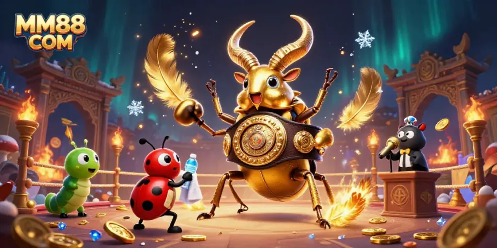 Engage with MM88 COM in this vibrant casino showdown illustration, featuring dynamic characters and magical effects.