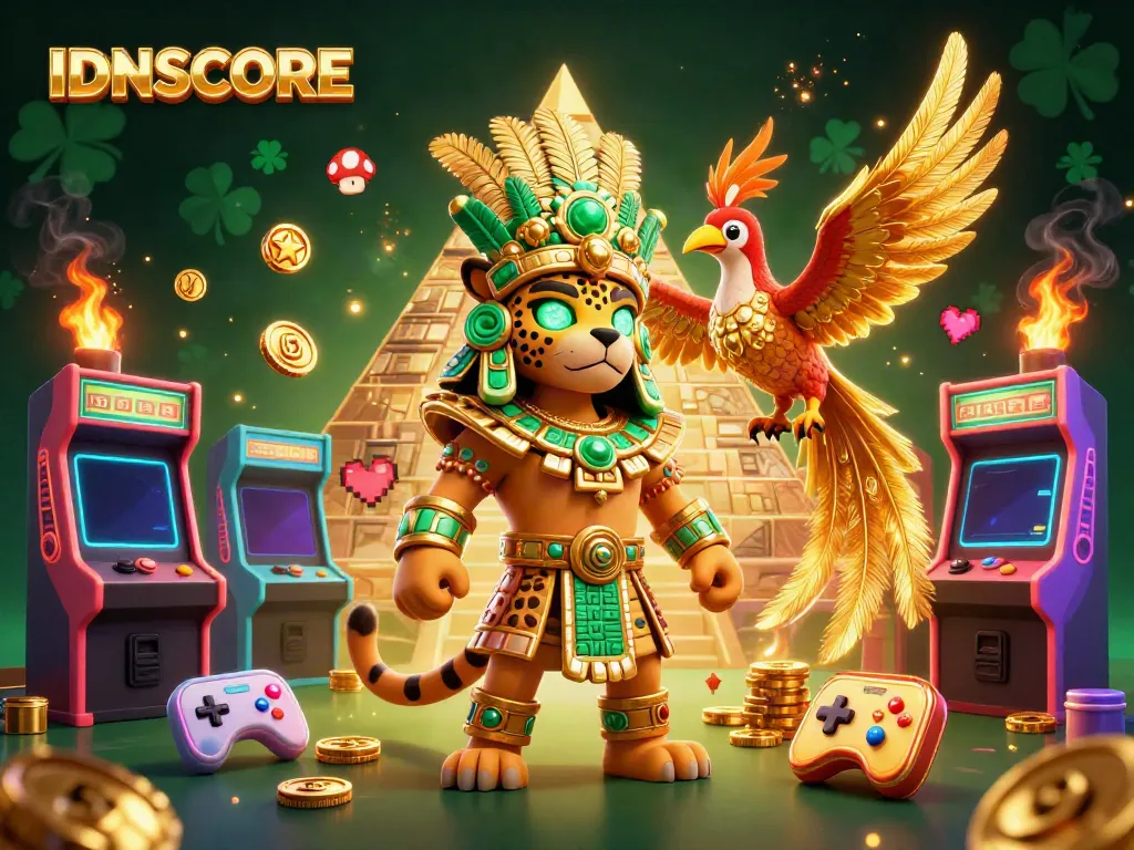 Engage in IDNSCORE's thrilling gaming experience with vibrant arcade elements and Mayan motifs.