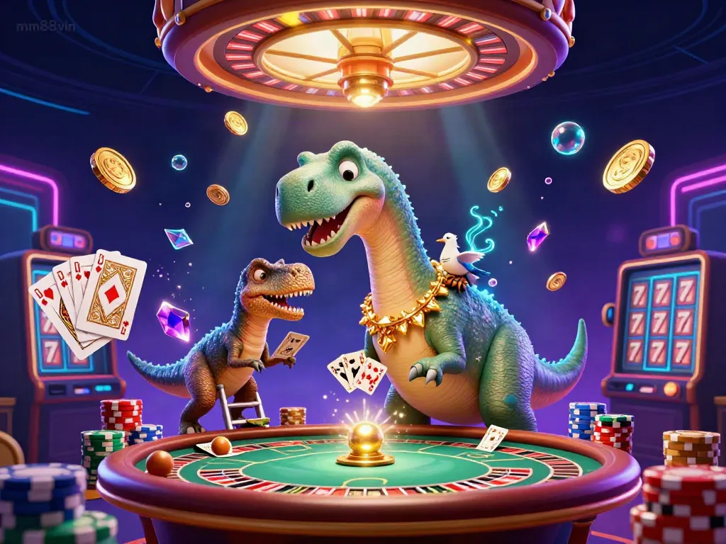Engage in a thrilling casino scene with mm88vin featuring a giant brontosaurus and a clever raptor dealing cards.