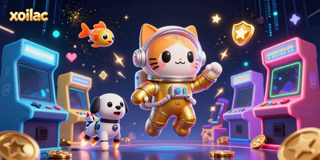 Xoilac showcases an astronaut cat and robot dog in a dynamic gambling scene filled with arcade elements.